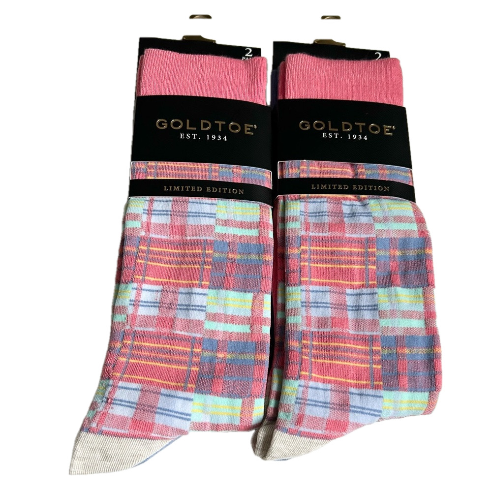 Gold Toe Menās True Madras Simple Plaid Crew Socks Pink Blue 4 Pairs NWT